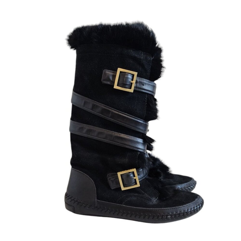 Tory Burch Jaden Rabbit Fur Lined Suede Leather Strappy Calf Moccasin Boots 7.5
